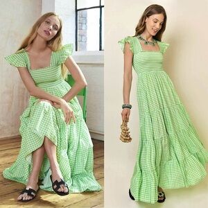 NWT RIXO Gingham Plaid Smocked Bodice Flutter Sleeve Tiered Ruffle Maxi Dress 14